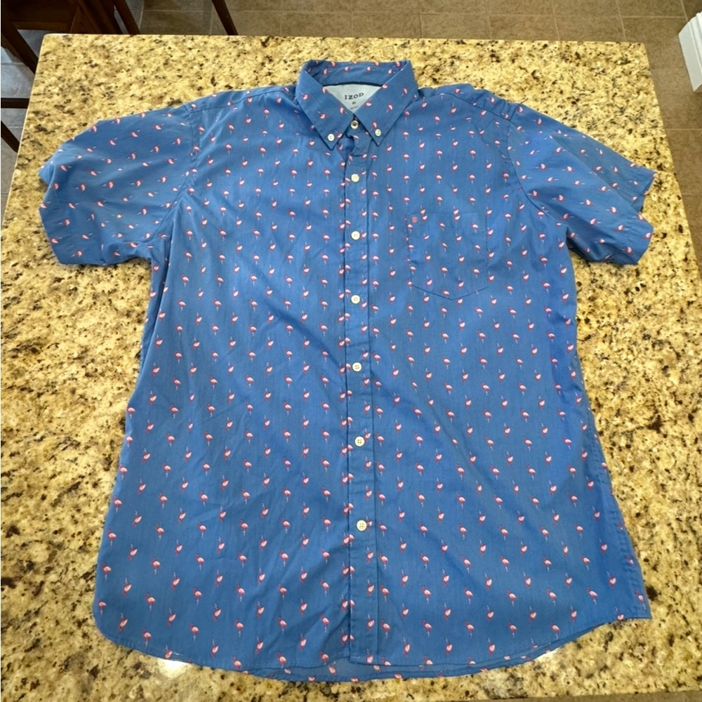 Izod Blue Flamingo Pattern Casual Shirt
